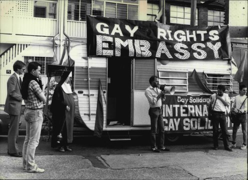 Activists set up their Gay Rights Embassy opposite then-premier Neville Wran’s home in 1983.