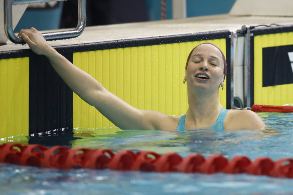 Mollie O’Callaghan reacts after winning the women’s 200m freestyle at the Australian swimming trials. 