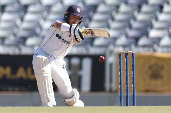 Marcus Harris of Victoria bats during the Sheffield Shield match against Western Australia at the WACA on Friday.