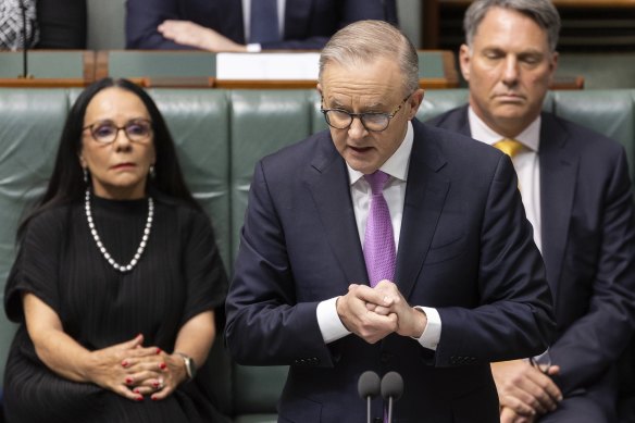 Prime Minister Anthony Albanese speaks on the Voice to parliament on Thursday.