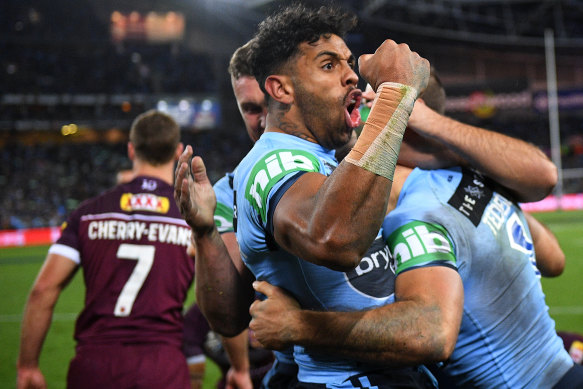 Josh Addo-Carr and the Blues celebrate in 2019. 