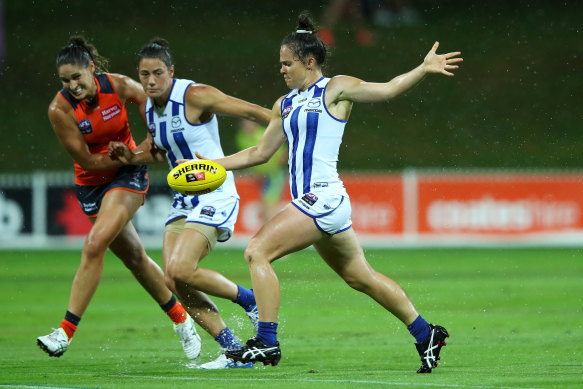 North Melbourne's Emma Kearney readies to kick against GWS Giants during an AFL Women's match in Sydney earlier this year.