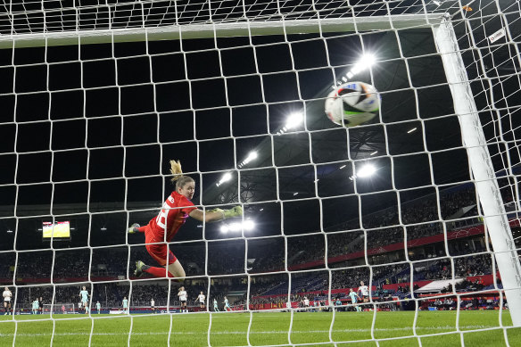 The ball sails in off Cooney-Cross’ foot.