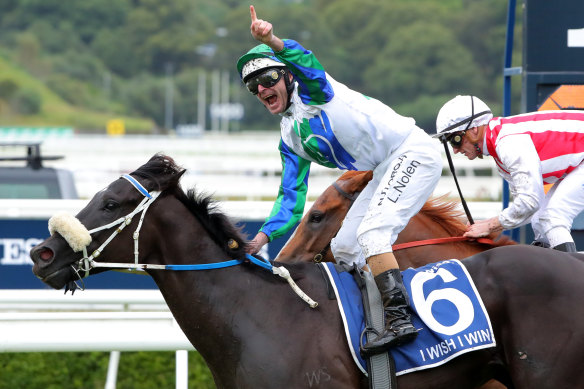 Luke Nolen salutes as I Wish I Win wins the TJ Smith Stakes last year.