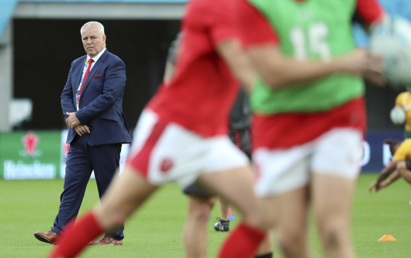 Wales coach Warren Gatland watches his players before the Pool D game against Australia on September 29.