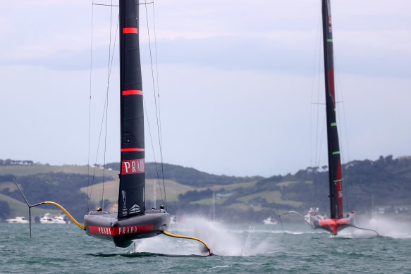Luna Rossa leads Team New Zealand during race two in Auckland on Wednesday.