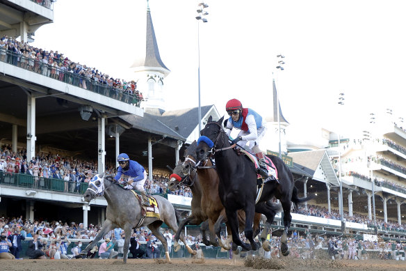 Medina Spirit crosses the line to give trainer Bob Baffert his seventh Kentucky Derby winner.  The victory is now under threat following a positive drug test.