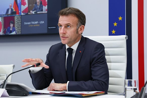 French President Emmanuel Macron chairs a video conference of G7 leaders to discuss the fallout of the war in Iran on the world economy, amid the U.S.-Israeli conflict with Iran, at the Elysee Palace in Paris, Wednesday March 11, 2026