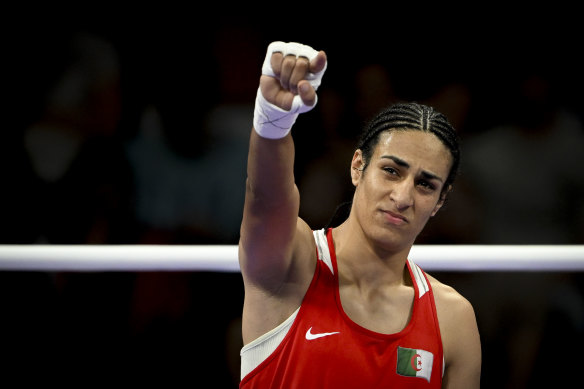 Imane Khelif celebrates her win on Thursday.