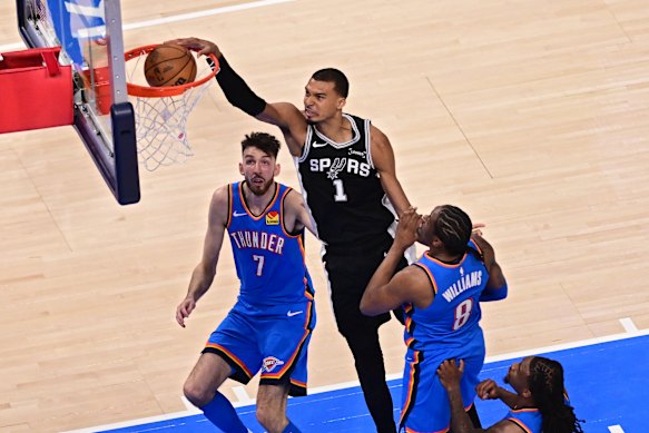 Victor Wembanyama in action for San Antonio against Oklahoma City.