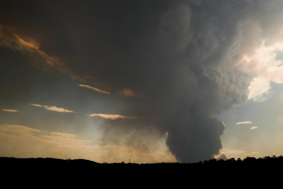 Smoke plumes from a bushfire seen northwest of Bruthen in East Gippsland