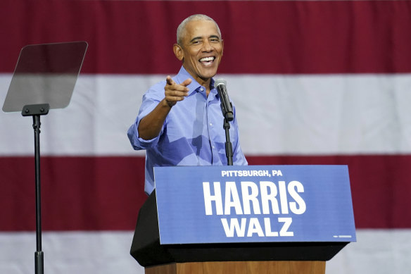 Former US president Barack Obama speaks during a campaign rally in Pittsburgh.