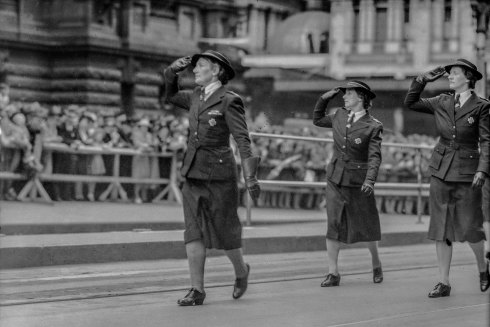 Alice Ross-King (far left) marches with the Australian Red Cross Voluntary Aid Detachment.