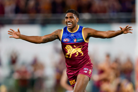 Keidean Coleman celebrates after the team’s preliminary final win, in which he played a key role.