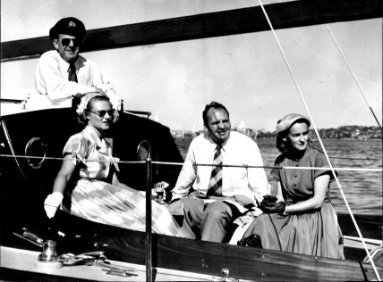 Well-known yachting people are Mr and Mrs M. Halvorsen of Killara and Mr and Mrs T. Halvorsen of Kurraba Point, aboard their yacht Solveig on September 26, 1952.