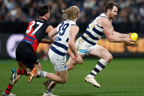 Skipper Patrick Dangerfield bursts clear for Geelong against Essendon; a game where the Cats looked like men playing against boys.