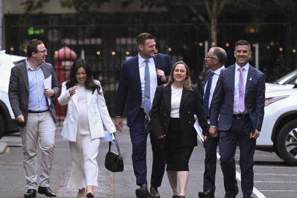 From left: MPs Joe McCracken, Nicole Werner, Sam Groth, Bridget Vallence, Richard Riordan and Brad Battin arrive at Parliament House for Friday’s leadership spill.