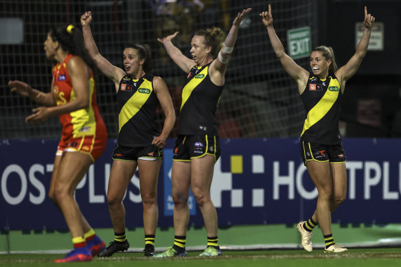The Tigers celebrate in a close win on the Gold Coast, which was a moment of contention.