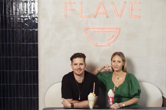 Flave co-CEOs Stuart Cook and Samantha Cook at their flagship plant-based burger chain restaurants in Bondi, Sydney.