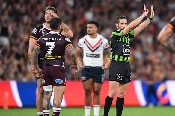 Jack Goseiwski is sent to the sin bin during the Brisbane Broncos defeat to the Sydney Roosters.