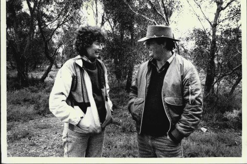 Dr Judy Messer of the Nature Conservation Council with Dougal Leslie on his property, Oakdale, 1987.