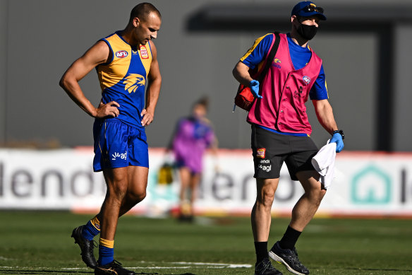 West Coast’s Dom Sheed during the practice match against Fremantle on Friday.
