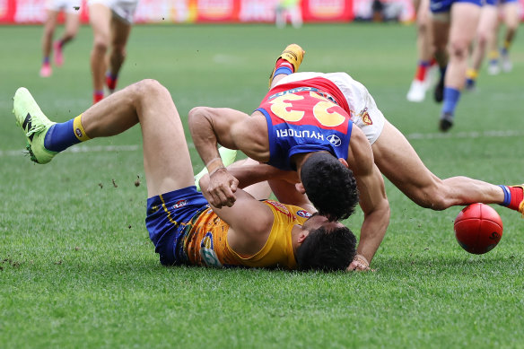 The aftermath: Liam Duggan is tackled by Charlie Cameron.