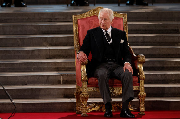 King Charles III is being addressed by the Lord Speaker and the Speaker of the House of Commons at Westminster Hall.