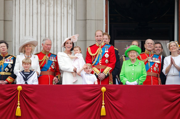 Senior royals appear on the balcony of Buckingham Palace during Trooping the Colour in London, 2016.