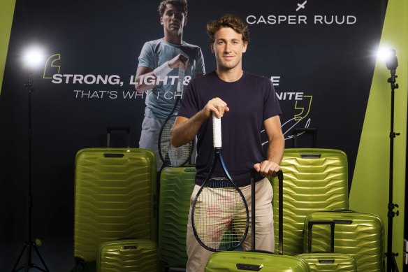 In the bag. Samsonite global ambassador Casper Ruud with a collection of Proxis luggage at Myer, Melbourne.