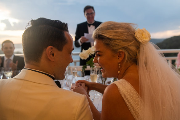 James and Arabella Tuck at their wedding reception during Phil's speech.  