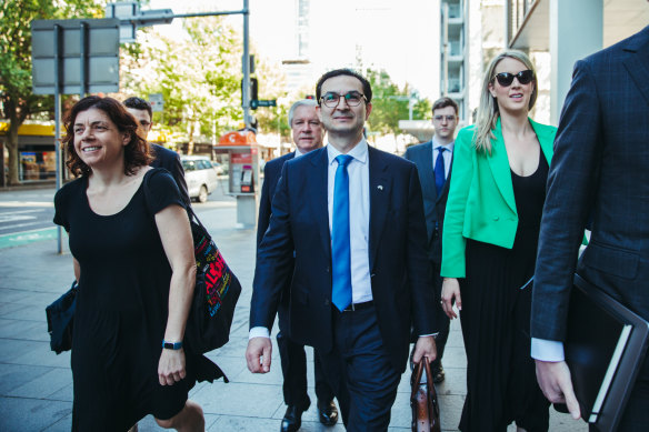 Barrister Sue Chrysanthou, SC (left), and surgeon Munjed Al Muderis (centre) outside the Federal Court in September.