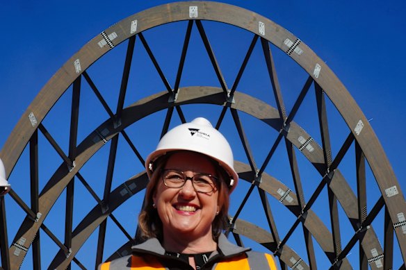Premier Jacinta Allan has settled into her default look as premier – hi-vis and a hard hat.