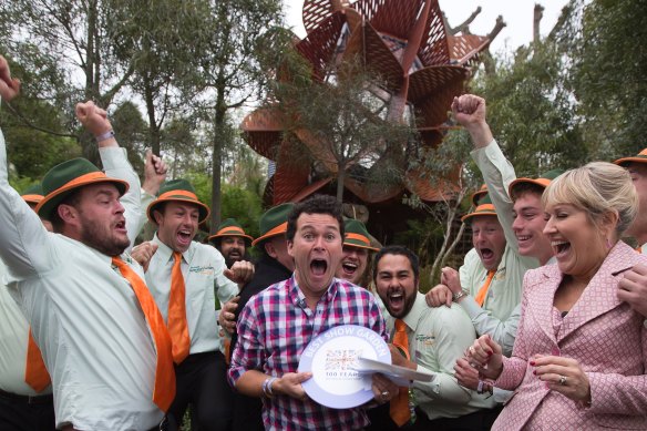 Phillip Jonson with his team after winning best in show at Chelsea in 2013.