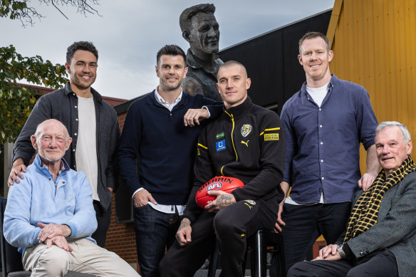 Richmond’s 300-gamers (from left): Kevin Bartlett, Shane Edwards, Trent Cotchin, Dustin Martin, Jack Riewoldt and Francis Bourke.