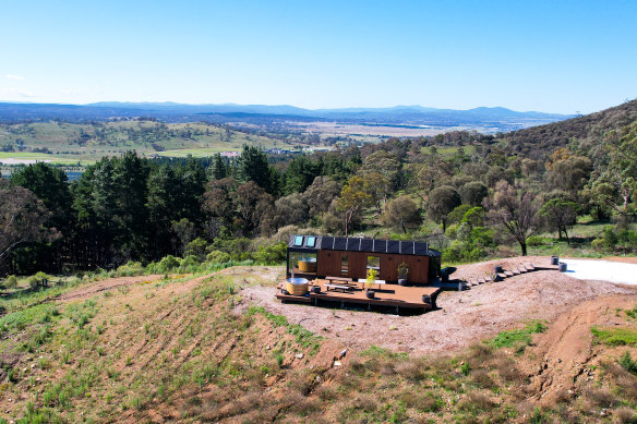 This off-grid cabin is perched on the slopes of Mt Majura, above the truffière at The Truffle Farm, and faces away from the capital.