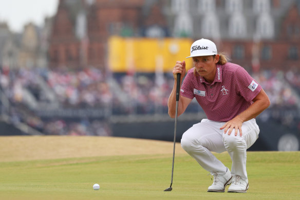 Cameron Smith lines up his putt on the 16th green.