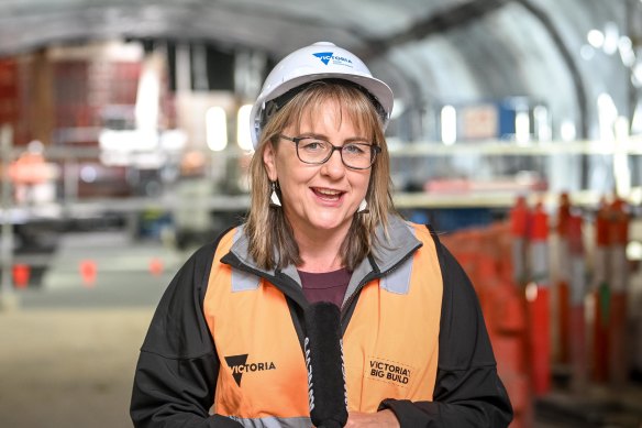 Jacinta Allan at the Metro Tunnel project site in Parkville in April.