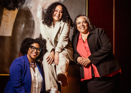 Three actresses play the 16th century poet Emilia Lanier, at different life-stages: From left, Cessalee Stovall, Manali Datar and Lisa Maza.