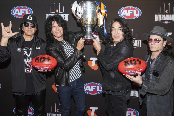 Kiss (from left) Gene Simmons, Tommy Thayer, Paul Stanley, and Eric Singer, are  promising an AFL pre-match show unlike any other.