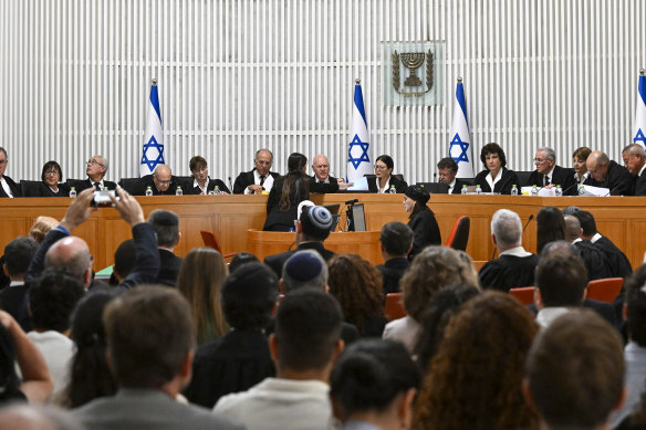 All 15 of Israel’s Supreme Court justices appear in Jerusalem in September to consider the reforms.