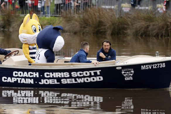 Waiting time: Geelong’s Joel Selwood and Chris Scott.