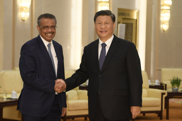 Tedros Adhanom Ghebreyesus, director-general of the World Health Organisation, with Chinese President Xi Jinping in Beijing on January 28.