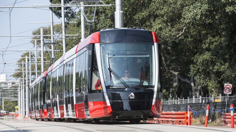 A 67-metre tram undergoes testing at Moore Park in Sydney's east on Tuesday. 