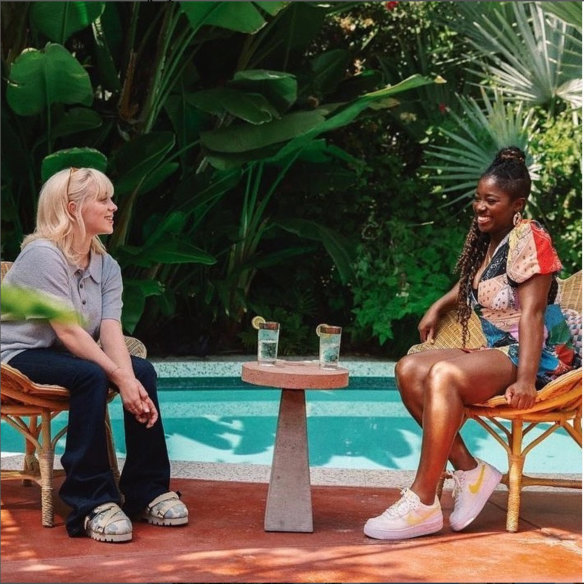 Billie Eilish being interviewed at the property, which is often used as a stylish backdrop for media interviews.