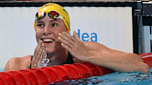 Bronte Campbell reacts to winning gold in the 50m freestyle at the 2015 world championships in Russia.