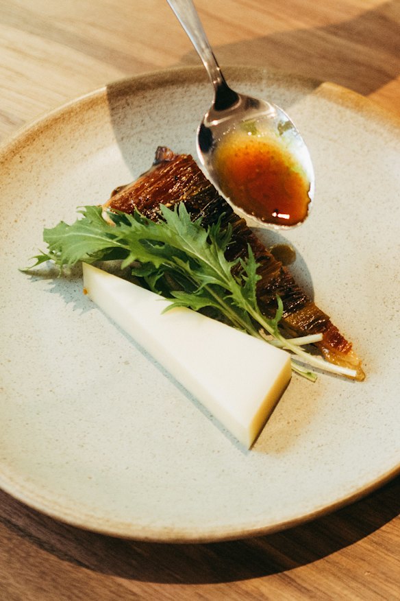 Comte cheese with leek tarte tatin is a fresh spin on a cheese course.