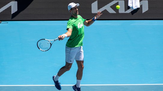 Djokovic rips a forehand.