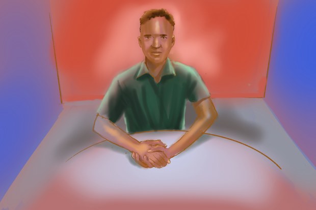 A court sketch of David William James during his committal hearing in Sydney today.