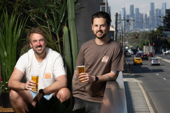 Moon Dog co-founders Josh Uljans (left) and Karl van Buuren on the rooftop of their new Footscray venue, Moon Dog Wild West.